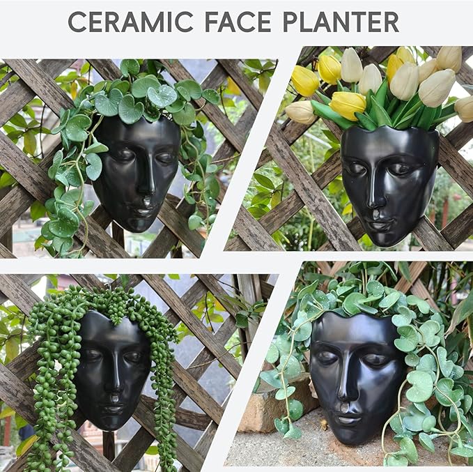 Ceramic Face Wall Planter, Black Head Vase with Drainage Hole, Modern Art Indoor Outdoor Wall Mounted Succulent Planter, Elegant Home Garden Decor