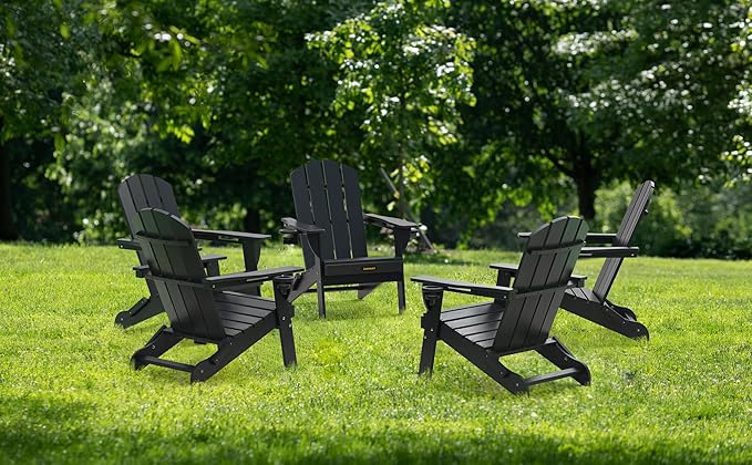 Folding Adirondack Chair Set of 6, Wooden Textured Plastic Adirondack Chairs with 2 Cup Holder, Weather Resistant HDPE Fire Pit Chair, Outdoor Patio Chairs for Garden, Backyard, Lawn, Deck, Black