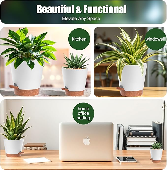 Self Watering Planter Pots Set of 5-7", 6.5", 6.02", 5.55", 5.08" Indoor & Outdoor Flower, Herb, and Succulent self Watering pots with Saucer Reservoir, Drainage System, and Modern White Design