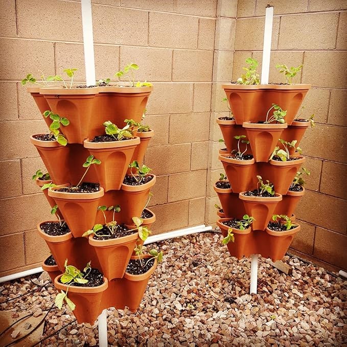 LARGE 64 Quart Stackable Planter 5-Pack - Grow More In Less Space - Plant Pots and Stack - DIY Vertical Gardening System - For Growing Veggies, Herbs, Garden Greens, Starwberries (Terracotta)