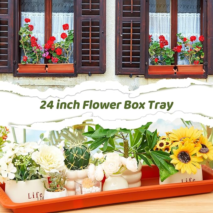 4 Pack Terracotta 24 x 8 x 1.6 Inch Rectangle Plant Saucer Large Plastic Plant Tray Water Drip Trays for Windowsill Flower Pot Planter Drainage Germination Garden Indoor Outdoor Use