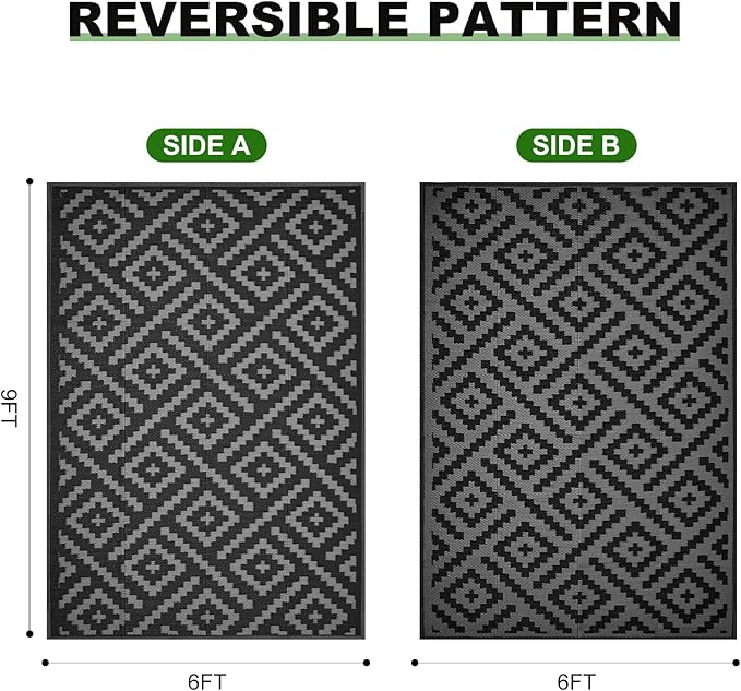 RURALITY Outdoor Rugs 6x9 Feet for Patios Clearance,Plastic Straw Waterproof Mats for Backyard,Porch,Deck,Balcony,Black&Deep Grey