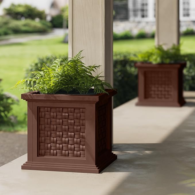 Rattan Style Outdoor Planter Box - 14.65-Inch-Square Decorative Flower or Plant Pot - Garden, Patio and Front Porch Decor by Pure Garden (Brown)