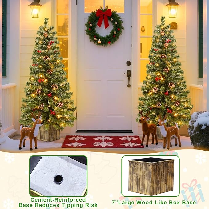 2 Pack 4 Ft Artificial Christmas Entrance Tree in Fake Wooden Box Base with 60 LEDs Warm White Light Timer Waterproof Battery Box Operated 140 Branches 14 Pinecone 12 Berries Xmas Decor for Door Porch