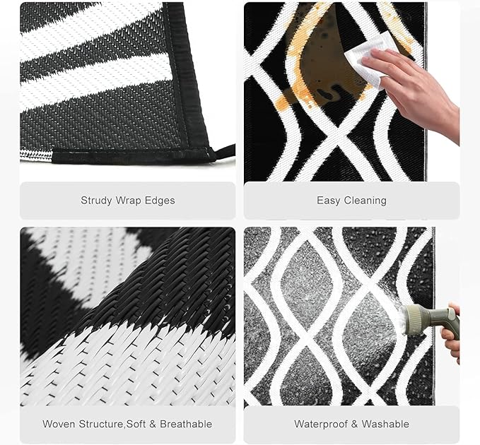 wikiwiki 8x10ft Outdoor Rug, Reversible Plastic Patio Rug Waterproof, Indoor Outdoor Carpet Clearance, Large Area Carpet for Patio Deck Balcony Pool RV Camping Beach Picnic, Black & White