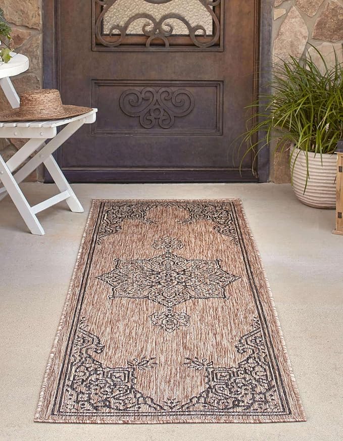 Unique Loom Outdoor Traditional Collection Area Rug - Antique (2' 7" x 10' Runner Beige/Black)