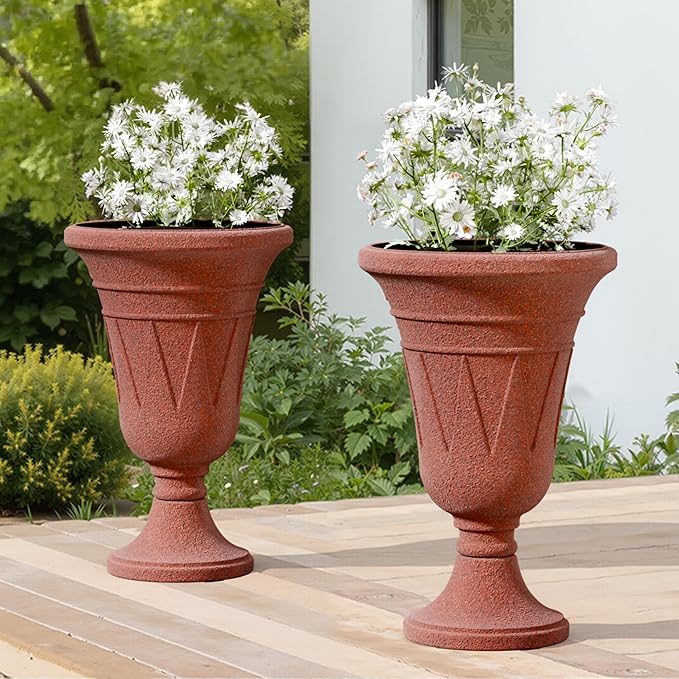 23.6" Tall Plastic Urn Planters for Outdoor Plants with Drainage Holes & Trophy Design, Set of 2 Sturdy Base Classic Indoor Large Flower Pots, Outdoor Planters for Porch/Home, Brick Red/Brown