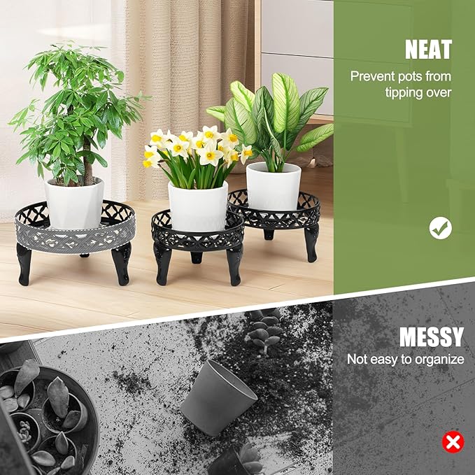 3 Pack Metal Plant Stands Indoor Outdoor,Heavy Duty Iron Flower Pot Stand for Multiple Plants,Rustproof Low Round Plant Holder for Garden,Patio,Home