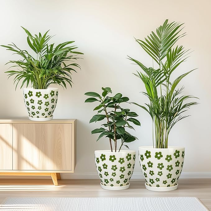 Indoor Plant Pots - 10+8+6 Inch Ceramic Planters for Indoor Plants, Boho Round Ceramic Flower Pots with Drainage Holes and Saucers, Housewarming Gifts, Home Decor, Set of 3, White