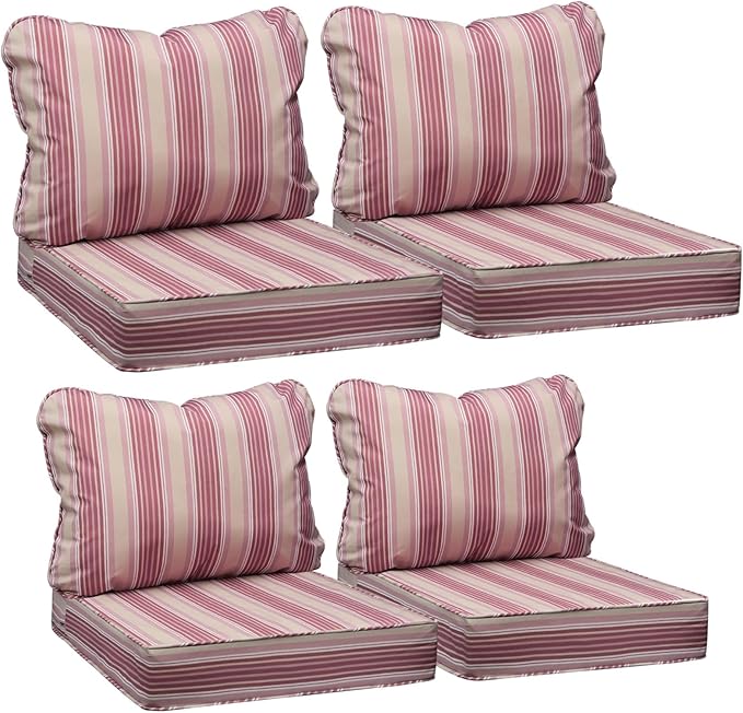 AAAAAcessories Outdoor Seat Cushions for Chairs, Fade-Resistant, Waterproof Patio Furniture Replacement Cushions, 25.5" x 25.5" x 5" + 25.5" x 19", Set of 4, Dusty Rose Garden Stripe
