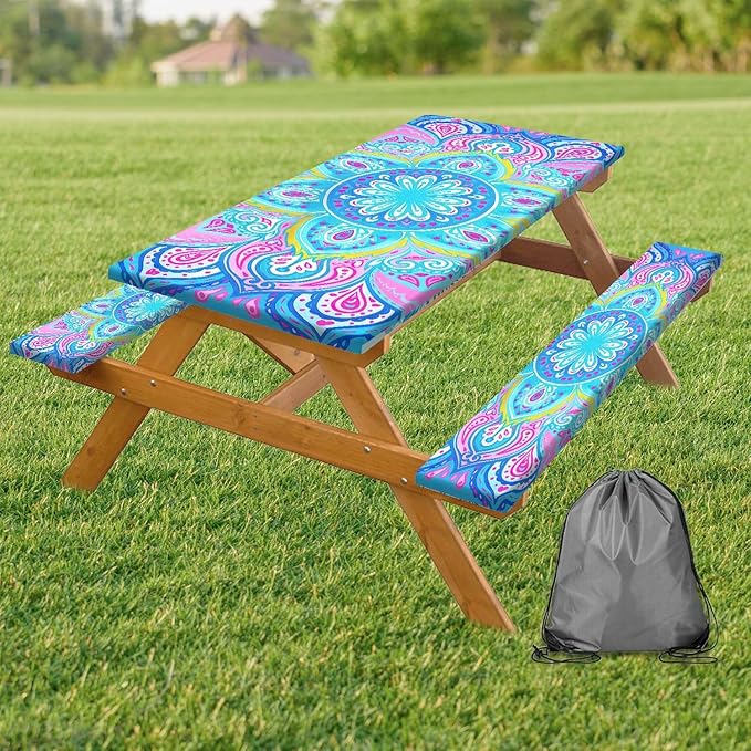 Picnic Table Covers with Bench Covers Boho Pattern Camping Tablecloth Fitted Picnic Table Cover with Elastic Windproof Waterproof Fabric, Outdoor Camping Accessories Gifts for Men Women, 60In 3PCS