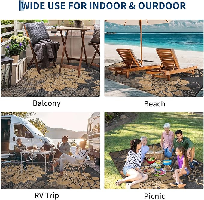 COZYLOOM Large Outdoor Rug 9x18 Waterproof Outdoor Plastic Straw Rug, Reversible Patio Rugs Floral Camping Mat with Portable Bag & Stakes, Foldable & UV Resistant Carpet for Yard Deck, Black&Brown