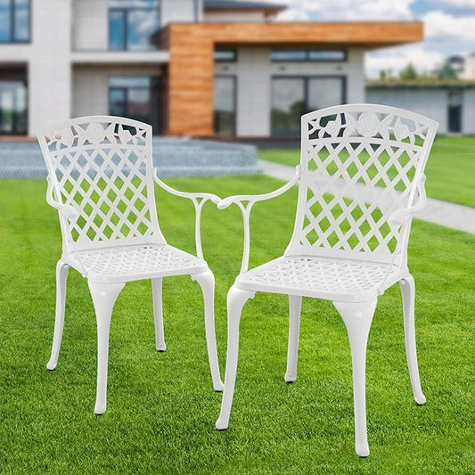 Sturdy Patio Chairs Cast Aluminum Outdoor Dining Chairs with Armrest, Outdoor Bistro Seating Chair for Garden, Backyard - 2 Pack, White