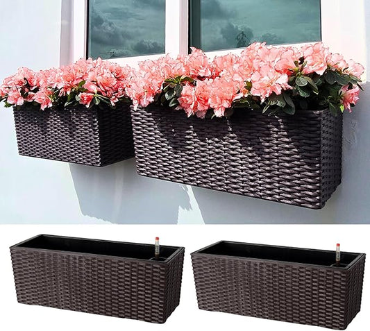 LaLaGreen Wall Planters Outdoor (20 Inch, 2 Pack) Brown Rectangular Window Flower Boxes with Brackets Self Watering System, Vertical Wall Mounted Plant Pot Container Herb Garden Balcony Indoor Decor