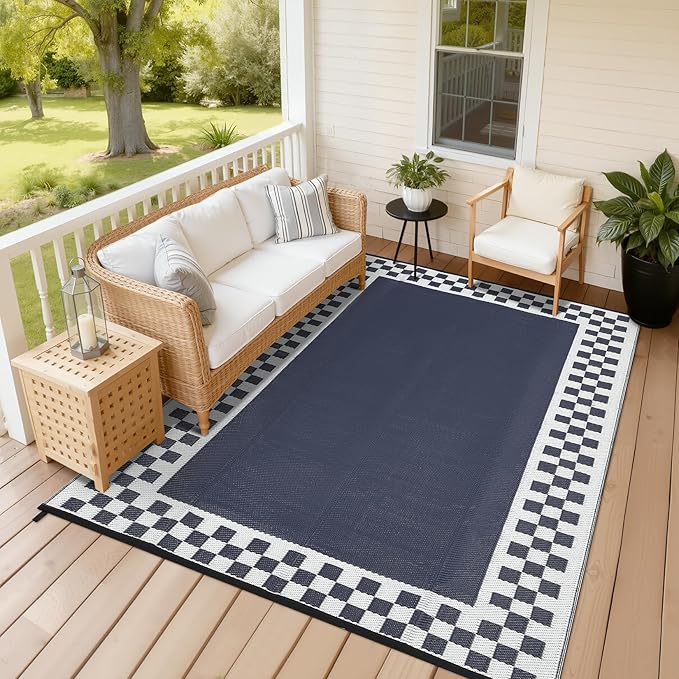 Garvee Outdoor Rug 9x12 Waterproof Reversible Patio Rug Modern Geometric Outdoor Carpet, Fade-Proof & Weather Resistant Minimalist RV Picnic Camping Mat for Garden Backyard Balcony,Navy & White