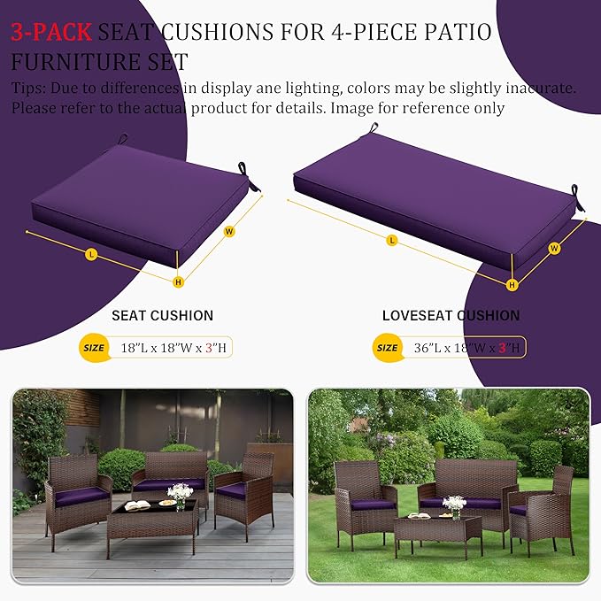 3 Pack Outdoor Replacement Cushions, Fit for 4-Seater Wicker Rattan Patio Conversation Set, 36x18x3,18x18x3, Liner & Cover