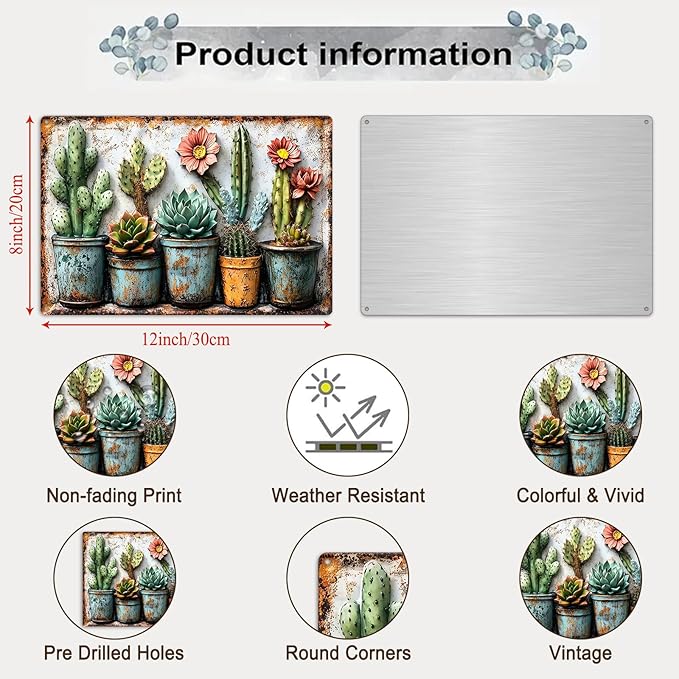 Gardening Gifts Vintage Garden Mental Tin Signs Cactus Plant Flower Printing for Home Yard Greenhouse Outdoor Decoration (8x12 Inch)