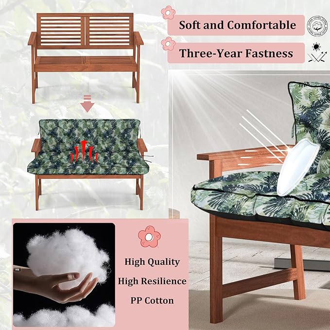 2-3 Seat Swing Replacement Cushion, Outdoor Bench Cushions with Backrest Thicken 4", Patio Furniture Garden Porch Loveseat Glider Pad Anti-Fading Waterproof (Palm Leaves, 40x55in)