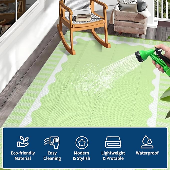 9x12 Outdoor Rug Waterproof Foldable Plastic Straw Carpet for Patio Porch Scalloped Border Reversible Mat Lightweight Floor Mat for Picnic, Rv, Beach, Deck, Camper, Balcony，Light Green