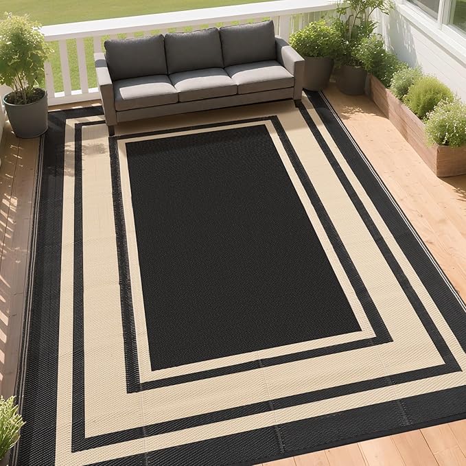 RURALITY Outdoor Rugs 8x10 Waterproof for Patios Clearance,Plastic Straw Mats for Backyard,Porch,Deck,Balcony,Reversible,Black and Beige