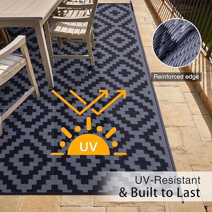 OLANLY Waterproof Outdoor Rug 10x14 ft, Outdoor Plastic Straw Rug for Camping, RV Mat Outside, Indoor Outdoor Carpet for Porch, Deck, Backyard, Balcony, Picnic, Black & Grey