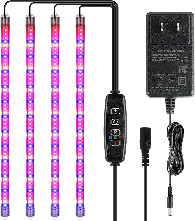 iPower 60W LED Plant Grow Light Strips Full Spectrum for Indoor Plants with Auto ON/Off 3/9/12H Timer, 10 Dimmable Levels 48 LEDs Per Tude, for Hydroponics Succulent, 4 Tubes, Mix