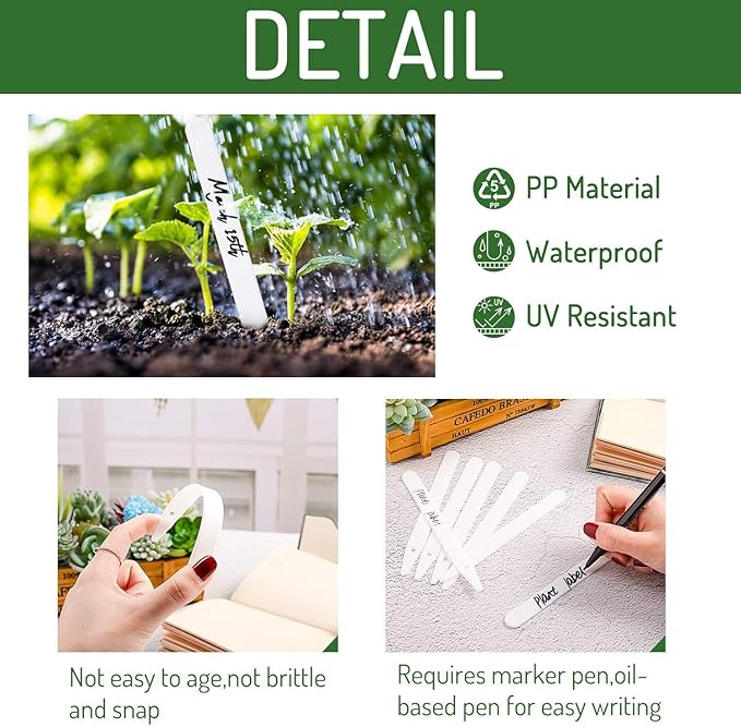 Whaline 200Pcs Thick Plastic Plant Labels with Hole White Waterproof Garden Stake Tag Signs for Greenhouse Garden Seedlings Flowers Spotted Plants with 2 Marker Pen and A Roll of Twine (12.5 CM)