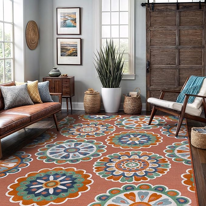 Outdoor Rug 9x12 Washable Area Rugs Indoor Outdoor Carpets Orange Bohemian Medallion Non Shedding Waterproof Easy Clean Patio Deck Porch Living Room Bedroom Garden RV (9 X 12 Orange)