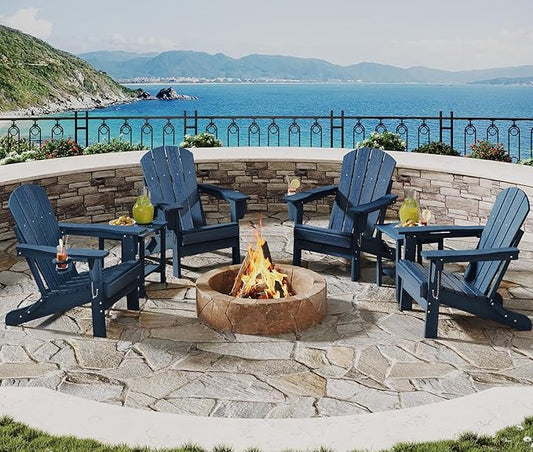 Folding Adirondack Chair Set of 4 with 2 Side Table, All-Weather HDPE Outdoor Chair, Wooden Textured with Cup Holder for patios, Decks, Gardens, fire pits, Navy Blue