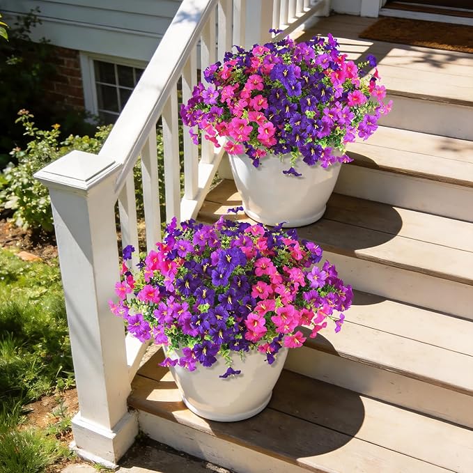 Artificial Fake Petunias Flowers for Outdoors Spring Decoration, 12 Bundles Faux Flower Plants UV Resistant Realistic Silk Flower for Outside Planters Patio Porch Yard Window Box (3 Mix Colors)