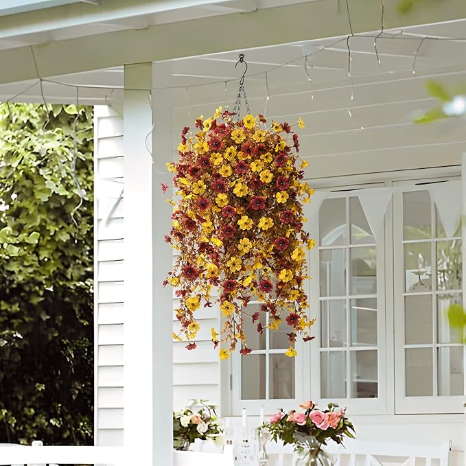 Fall Artificial Faux Mums Hanging Flowers Plants Basket for Outdoor Decoration,Fake Silk Daisy planters UV Resistant Look Real for Home Porch Patio Balcony Yard Autumn Decor (Yellow Brown)