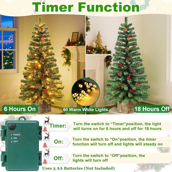 2 Pack 4 Ft Artificial Christmas Entrance Tree in Fake Wooden Box Base with 60 LEDs Warm White Light Timer Waterproof Battery Box Operated 140 Branches 14 Pinecone 12 Berries Xmas Decor for Door Porch