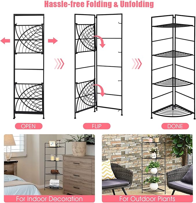 Giantex Folding Metal Plant Rack, 4 Tiers Corner Shelf Plant Stand, Flower Pots Holder Display Rack Storage Shelves for Balcony Patio Living Room