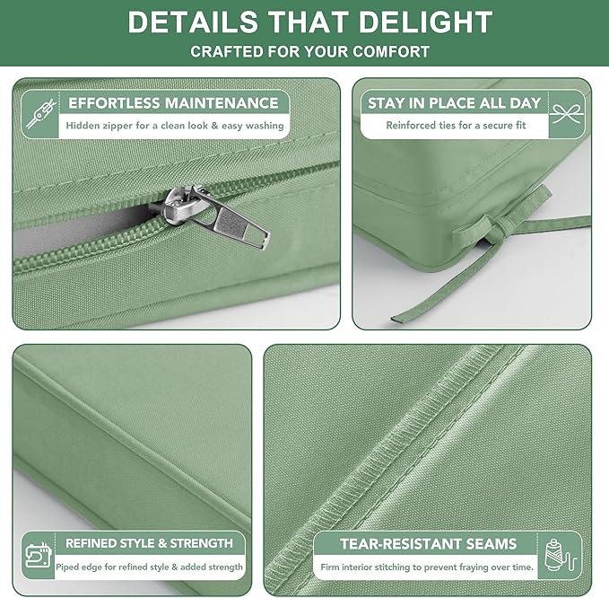 Outdoor Cushions for Patio Furniture, Double-Sided Waterproof Backrest and Deep Seat Cushion Set with Removable Cover, 22 x 22 Inch, Sage Green, Set of 2