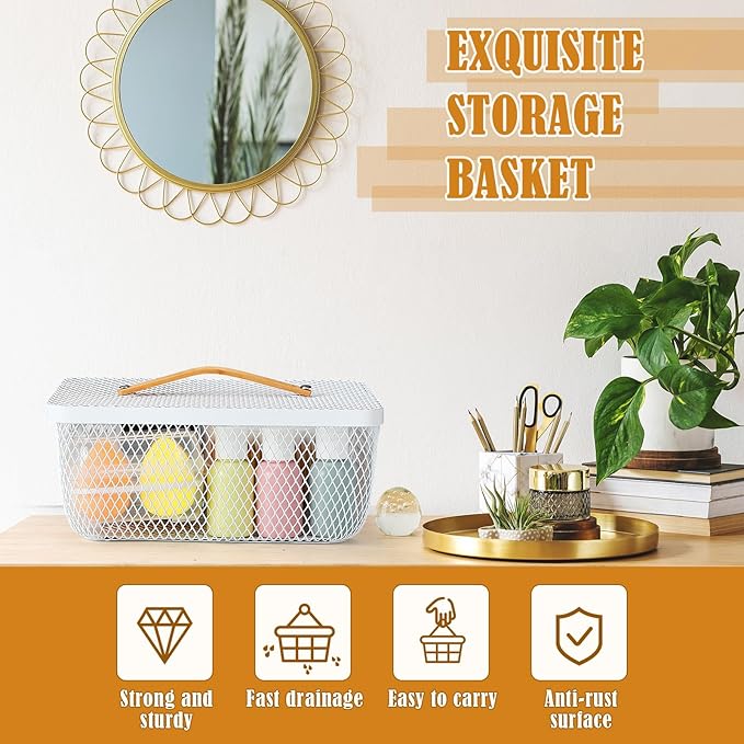 Tandefio 4 Pcs Metal Mesh Basket with Lid and Wooden Handle 9.65 x 7.68 Inch Wire Storage Basket Garden Baskets Organizer Containers for Vegetable Fruit Picnic Kitchen Bathroom (White)
