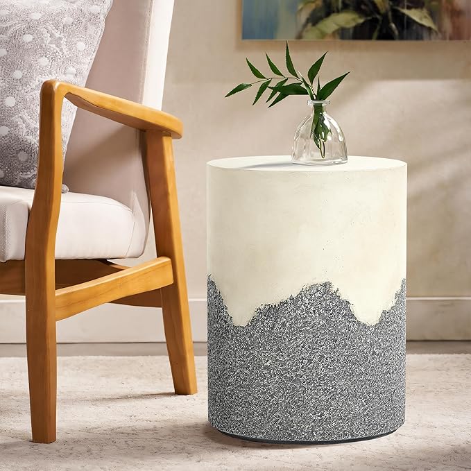 LuxenHome Gray and Cream Cement Round Outdoor Side Table, Set of 2