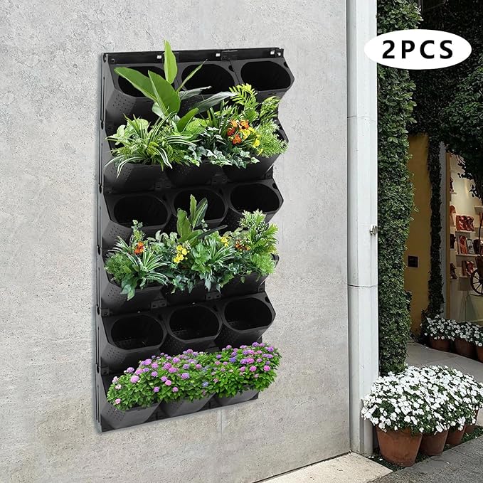 2 PCS Self-Watering Wall Planter, Wall-Mounted Vertical Garden Planter with 36 Pots for Indoor Outdoor Flowers Vegetables Herbs (Black)