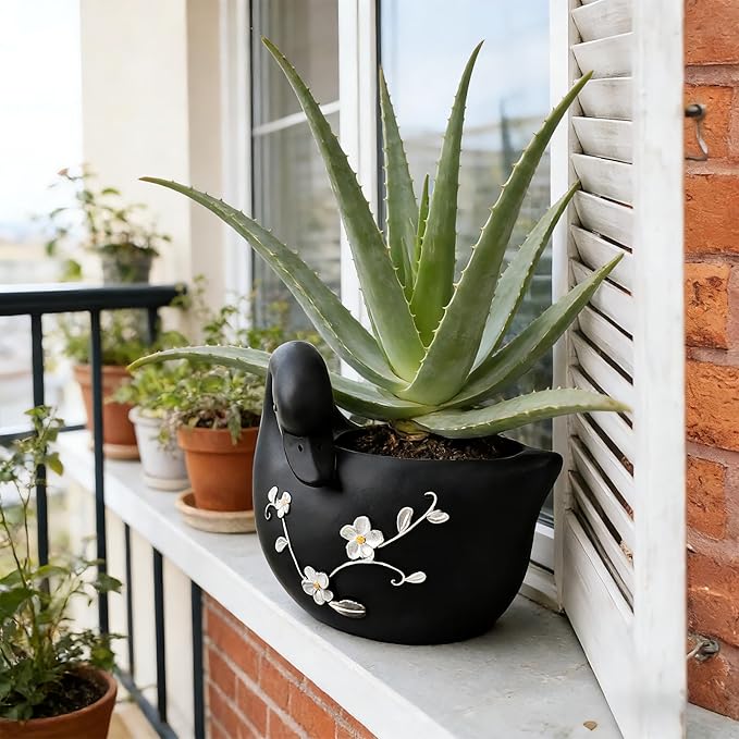 Teaeeno Decorative Garden Swan Planters Succulent Pots Indoor Unique Flower Plant Pots Cement Swan Decor Home Garden Balcony Decor (Black)
