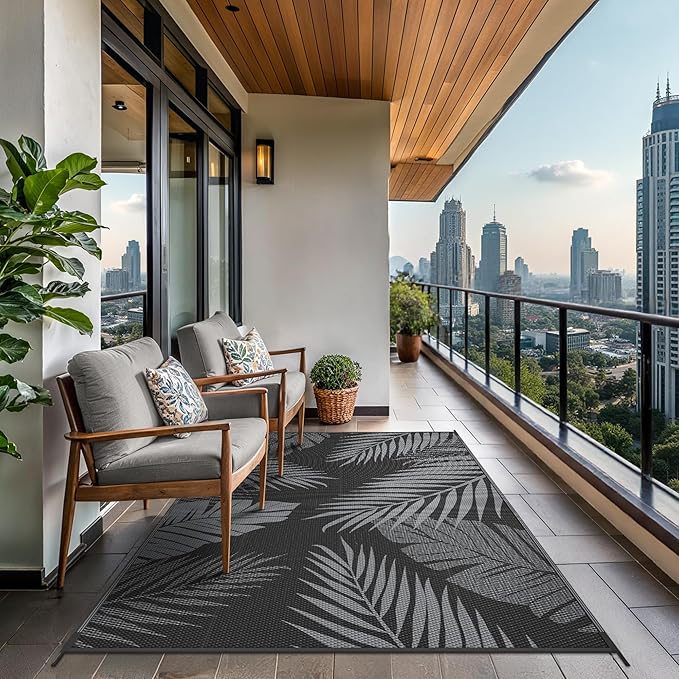GENIMO Outdoor Rug 6' x 9' Waterproof for Patios Clearance, Reversible Outdoor Plastic Straw Camping Rug Carpet, Large Area Rugs Mats for RV, Camper, Deck, Balcony, Porch, Beach, Picnic, Black&Grey