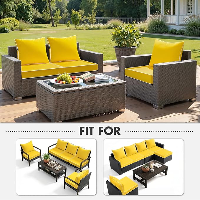MIULEE Yellow Outdoor Seat Cushion 24x24 Inch Waterproof & 3 Year Fade Resistant Deep Seat and Back Cushion for Patio Furniture Chair Sofa Couch with Handle and Adjustable Straps