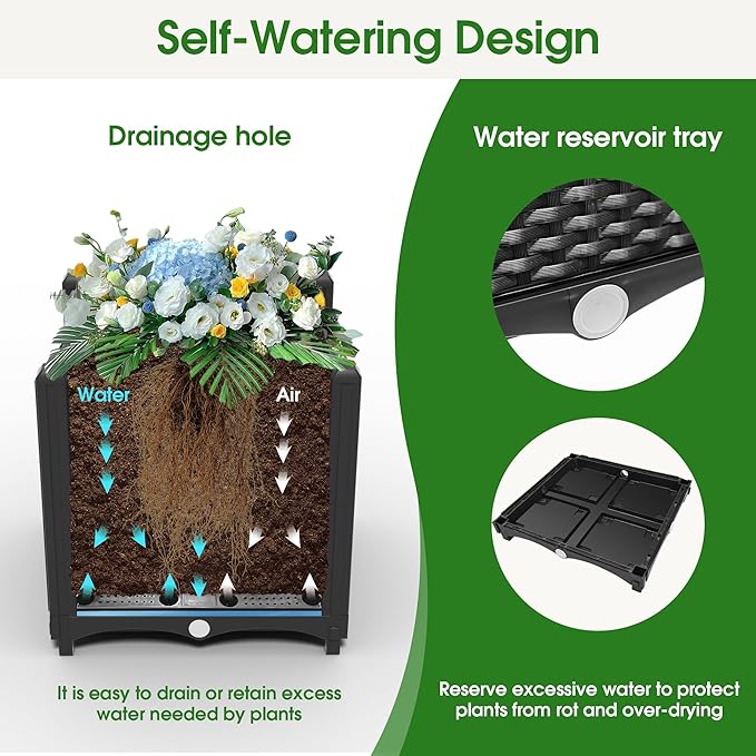 Onelike 80'' x 16'' x 55.5'' Plastic Raised Garden Bed with Greenhouse Cover and Trellis, Vertical Tomato Planters for Climbing Plants, Self Watering System Tomatoes Cage for Patio,Black,Large