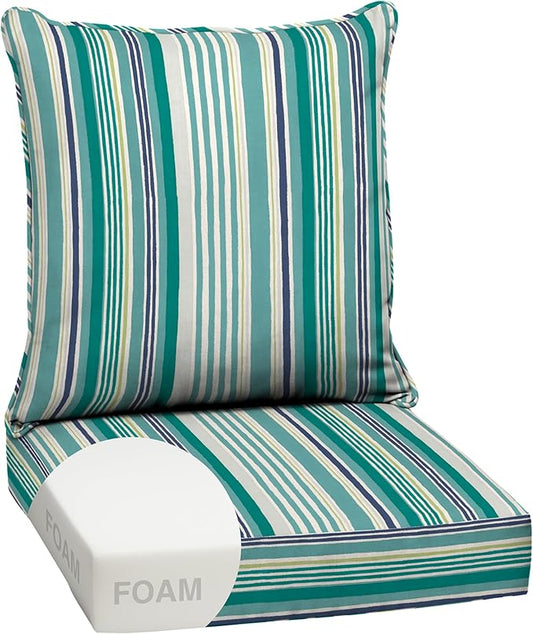 Arden Outdoor Foam Deep Seat Cushion Set, 24 in x 24 in, Weather-Proof, Rain-Proof, Fade Resistant Patio Cushion, Bottom and Back Cushion for Chair, Sofa, and Couch Teal Cobalt Stripe