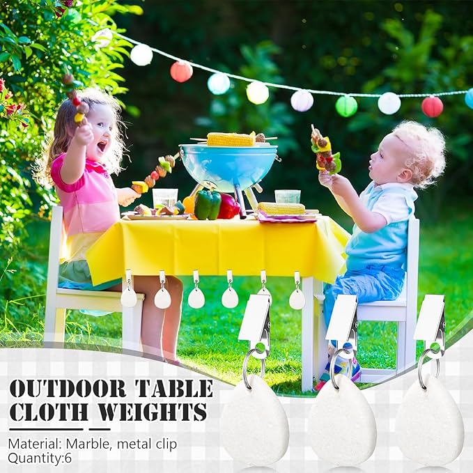 6 Pcs Tablecloth Weights Pendant Teardrop Shape Table Cover Weights with Metal Clips for Outdoor Picnic Garden Patio Party Camping Dinner Table Cover Decoration (White)
