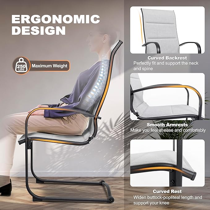 NUU GARDEN Patio Dining Chairs Set of 2, All-Weather Padded Textilene Chairs with Spring Motion and High Back, Breathable Outdoor Dining Chairs for Backyard Lawn Deck, Gray