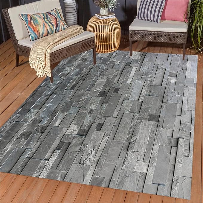 3D Print Dark Grey Stone Wall Pattern Washable Outdoor Rug for Patios Balcony Deck Porch Backyard Garden Retro Stone Brick Texture Carpet Waterproof Non Slip Camping Rv Picnic Yard Outside Mat 2x3