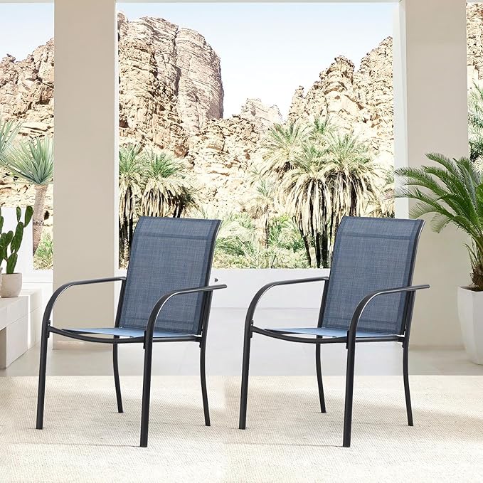 Outdoor Patio Dining Chairs Set of 2, Lightweight Stackable Patio Chairs with Curved Armrests & Wide Seat, Heavy Duty 300 lbs Capacity, Garden Chairs for Backyard, Deck, Poolside, Blue