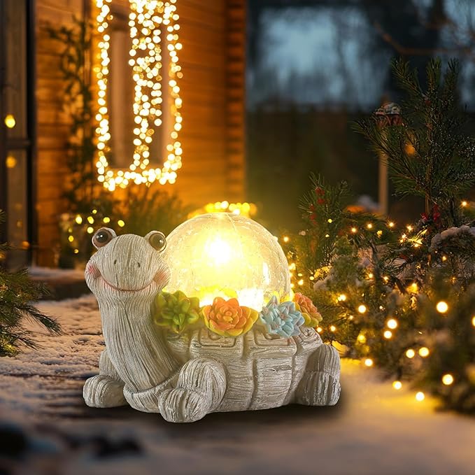 Solar Turtle Garden Statue Lights for Outdoor Decor with Cracked Glass LED Figurine Lighting Resin Succulent Tortoise Decorations Patio Lawn Yard Housewarming Mom Gifts (Grey, Large)