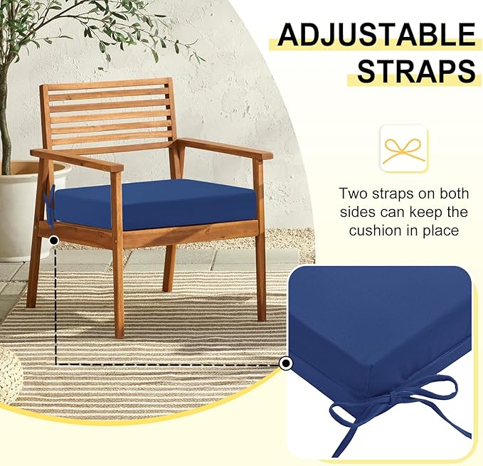 downluxe Outdoor Chair Cushions Set of 4 for Patio Furniture, Water-Resistant Square Corner Patio Chair Cushions with Ties, High Density Foam Outdoor Seat Cushion, 18.5" X 16" X 3", Royal Blue