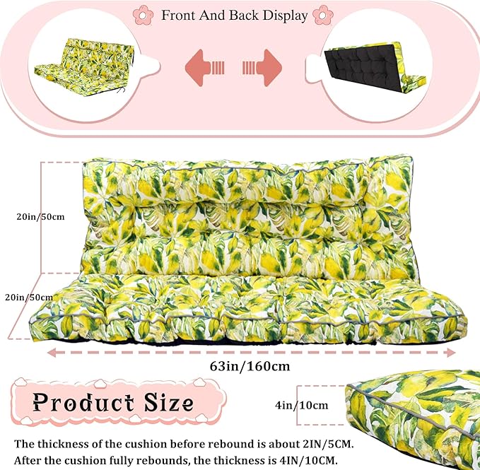 2-3 Seat Swing Replacement Cushion, Outdoor Bench Cushions with Backrest Thicken 4", Patio Furniture Garden Porch Loveseat Glider Pad Anti-Fading Waterproof (Yellow bell flower, 40x63in-thicken)
