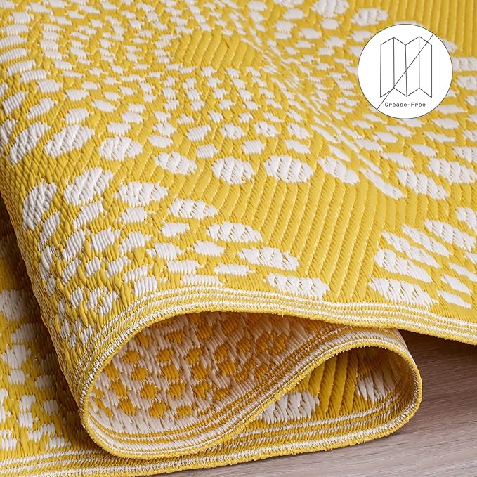 Fab Habitat Outdoor Rug - Waterproof, Fade Resistant, Crease-Free - Premium Recycled Plastic - Floral Medallion - Large Patio, Deck, Sunroom, Camping, RV - Rio - Yellow - 8 x10 ft